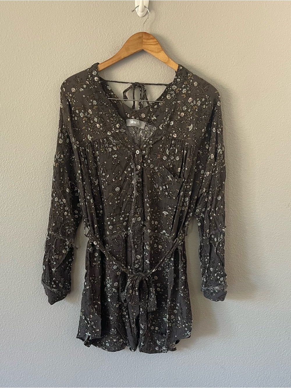 Blue b. Collection Ditsy Floral Long Sleeve Crinkled Mini Dress Size L Olive
